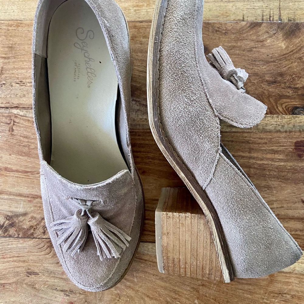 Seychelles Taupe Suede Tassel Block Heel Mules - Picture 3 of 10